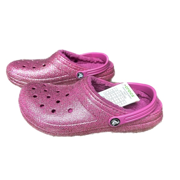 Size 6 Big Kids Pink Glitter Fur Lined Crocs - Picture 2 of 7